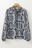 Blue Tribal Print Lace-up Frilled Neck Puff Sleeve Blouse