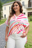 White Abstract Print Short Sleeve Notched Neck Plus Size Top