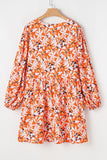 Orange Floral Print Split V Neck Bubble Sleeve Plus Size Midi Dress