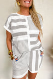 Gray Stripe Mixed Print Short Sleeve Top and Pocketed Shorts Set