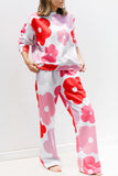 White Floral Print Pullover Top Sweatpants Lounge Set