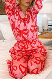 Pink 2pcs Bow Print Shirt Style Long Sleeve Pajama Set