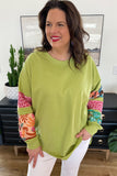 Rose Red Plus Size Printed Patchwork Sleeve Split Sweatshirt