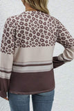 Coffee Plus Size Leopard Striped Long Sleeve Crew Neck Top