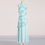 Women's Stand Collar Sleeveless Solid Color Three-Dimensional Flower Collage Design Long Dress