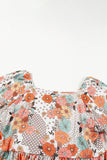 Khaki Plus Size Flower Print Square Neck Peplum Blouse