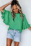 Green Frilly Round Neck Wide Half Sleeve Blouse