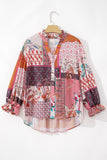 Red Boho Geometric Mixed Print Patchwork Bubble Sleeve Shirt