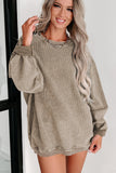 Gray Solid Ribbed Knit Round Neck Pullover Sweatshirt