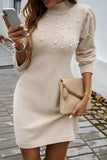 Gray Pearl Beaded High Neck Bodycon Sweater Dress