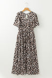 Khaki Leopard V Neck Cinched High Waist Open Back Maxi Dress