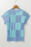 Black Checkered Color Block Crew Neck Short Sleeve Sweater