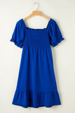 Dark Blue Shirred Ruffled Square Neck Plus Size Mini Dress