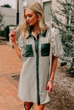 Green Patch Pockets Button Down Short Puff Sleeve Dress