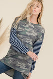 Celeste Full Size Camo Print High-Low T-Shirt with Stripe Sleeves