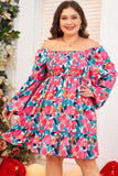 Rose Flower Print Smocked Square Neck Plus Size Dress