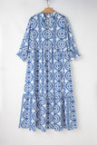 Sky Blue Geometric Print Lace-up Notch Neck Plus Size Maxi Dress