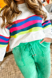 White Plus Size Colorful Striped Drop Shoulder Loose Sweatshirt