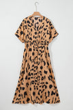 Khaki Leopard V Neck High Waist Buttoned Plus Maxi Dress