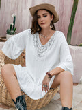 Plus Size Lace Detail Tie Neck Three-Quarter Sleeve Mini Dress