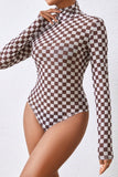 Black Checkered Printed Long Sleeve High Neck Bodysuit