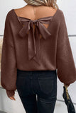 Apricot Lantern Sleeve V Neck Knot Back Sweater