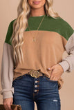 Green Color Block Long Sleeve Ribbed Loose Top