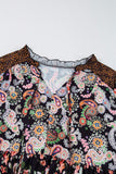 Black Plus Size Paisley Floral Print V Neck Bubble Sleeve Blouse