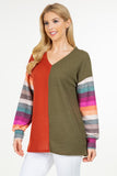 Celeste Full Size Contrast Striped V-Neck Long Sleeve Blouse