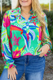 Green Abstract Printed Flounce Sleeve V Neck Buttoned Plus Size Blouse