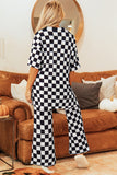 Black Checkered Print Half Sleeve Tunic Top and Flared Pants Set