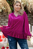 Bright Pink Plus Size Ruffled Sleeve V Neck Velvet Blouse