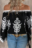 Black Tribal Printed Off Shoulder Loose Sleeve Blouse