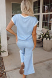 Beau Blue Textured Colorblock Edge Tank Top High Waist Pants Set