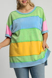 Light Blue Color Block Exposed Seam Patchwork Plus Size T Shirt