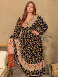 Plus Size Floral V-Neck Balloon Sleeve Dress