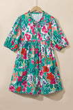 Sky Blue Plus Size Floral Print Puff Sleeve Tie Neck Babydoll Dress