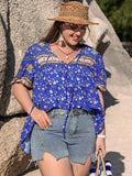 Plus Size Printed Tie Neck Half Sleeve Blouse