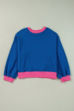 Sky Blue Color Block Edge Balloon Sleeve Plus Size Sweatshirt