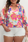 Rose Red Floral Print Split Neck Short Puff Sleeve Plus Blouse