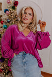 Bright Pink Plus Size Ruffled Sleeve V Neck Velvet Blouse