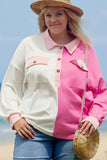 Bonbon Color Block Chest Pockets Half Button Plus Size Sweatshirt