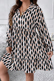 Apricot Geometric Print Collared V Neck Plus Size Mini Dress