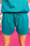 Dark Green Textured Ruffle Split Top and Drawstring Shorts