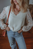 White Scalloped V Neckline Lace Hollowed Lantern Sleeve Blouse