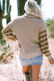 Black Striped Plaid Patchwork Waffle Knit Turtleneck Sweater