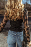 Black Lace Mesh Crochet Splicing Slim Fit Long Sleeve Blouse