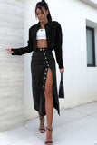 Black Button Fly Side Split High Waist Denim Midi Skirt