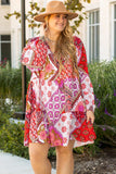 Rose Mixed Floral Long Sleeve V Neck Lace-up Hollowed Back Plus Size Dress