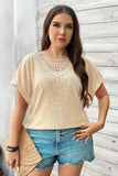 Beige Lace Crochet Patched Cable Textured Cuffed Short Sleeve Plus Size Top